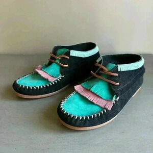 Eastland Women Moccasins Size 7 Mesa 1955 Black Green Pink Leather Shoes Fringe